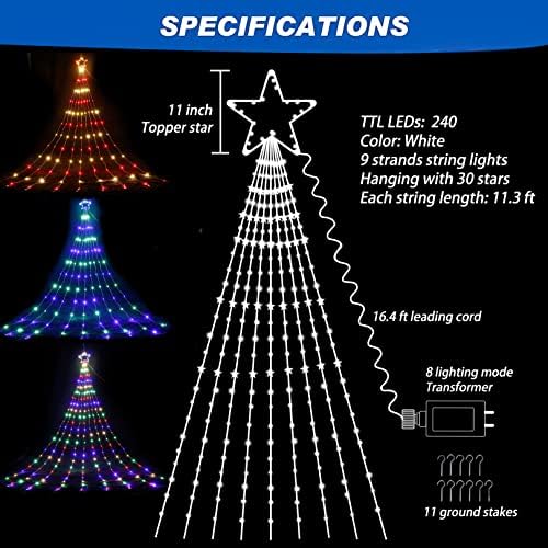 אורות מיתרי כוכבי חג המולד בחוץ, 13ft 240 LED אורות עץ מפל מואר עם אורות פיות כוכב טופר 8 מצבים לחג המולד פסטיבל מסיבת