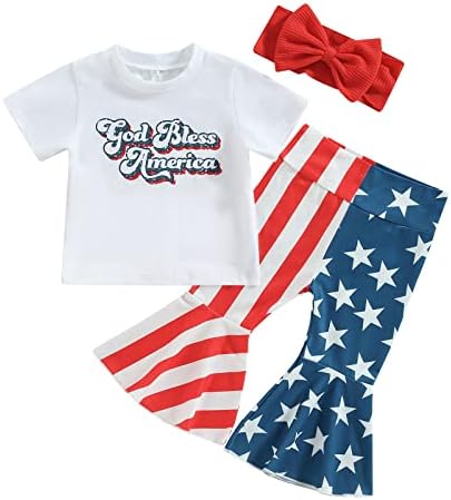תינוקת פעוטות תינוקת 4 ביולי תלבושות הדפס חולצת שרוול קצר עליון דגל אמריקאי מכנסי התלקחות 2 בגדי קיץ