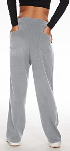 מכנסי רגל רחבים לנשים עם כיסים מכנסי טרנינג מזדמנים מותניים אלסטיים עם מכנסיים זורמים של טרקלין נוח נוח