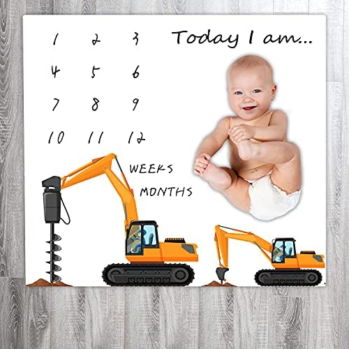 תינוק חודשי מיילסטון שמיכת ילד או ילדה בניית משאית תינוק חודש שמיכה עם זר מסגרת צהוב משאית מיילסטון שמיכת עבור יילוד