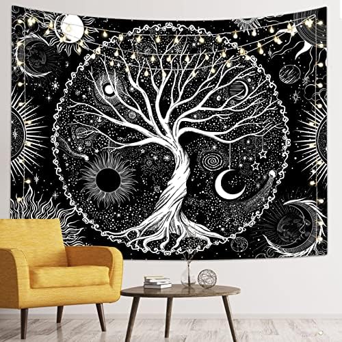 עץ אביניל של חיים שטיח קיר בשחור לבן קיר לשון חדר שינה כוכבי שמש וירח שטיחי חלל גלקסי קיר אסתטי תלוי לקישוט חדר האוכל