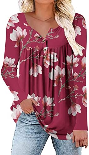 צמרות טוניקה מודפסות פרחוניות לסתיו לנשים חולצת צווארון כפתור קפלים חולצות סתיו סתיו סתיו שרוול ארוך זורם חולצות הנלי